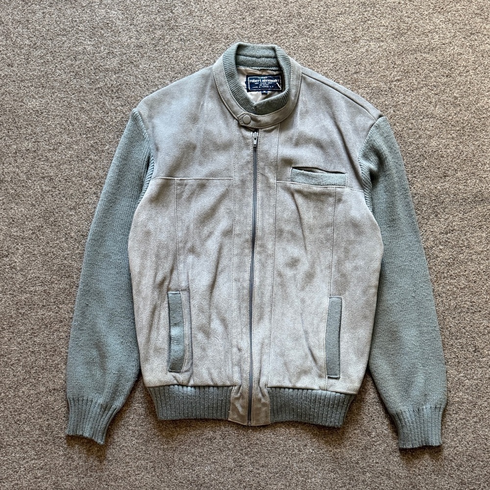 Vintage Grey Zip Up Suede Knit Sweater Cardigan Mens M Leather Bomber Jacket 90s